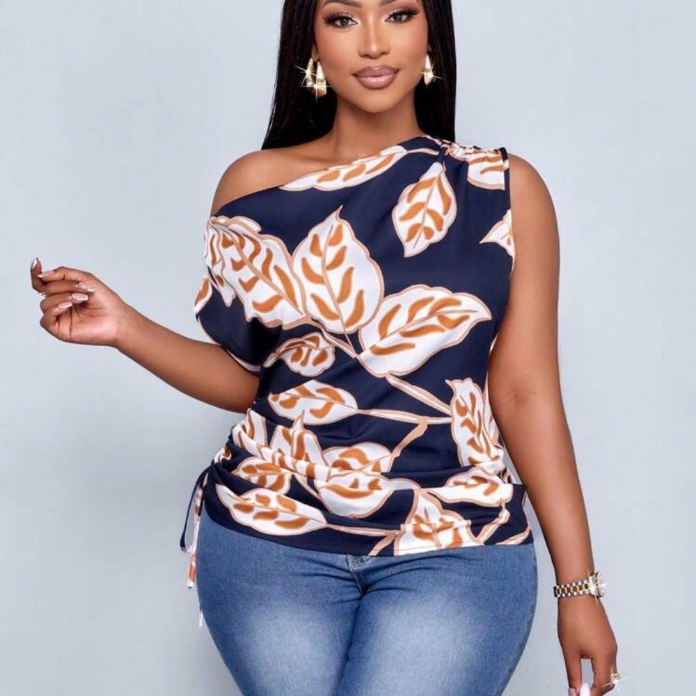 Navy and Orange Off Shoulder Leaf Print Women's Top